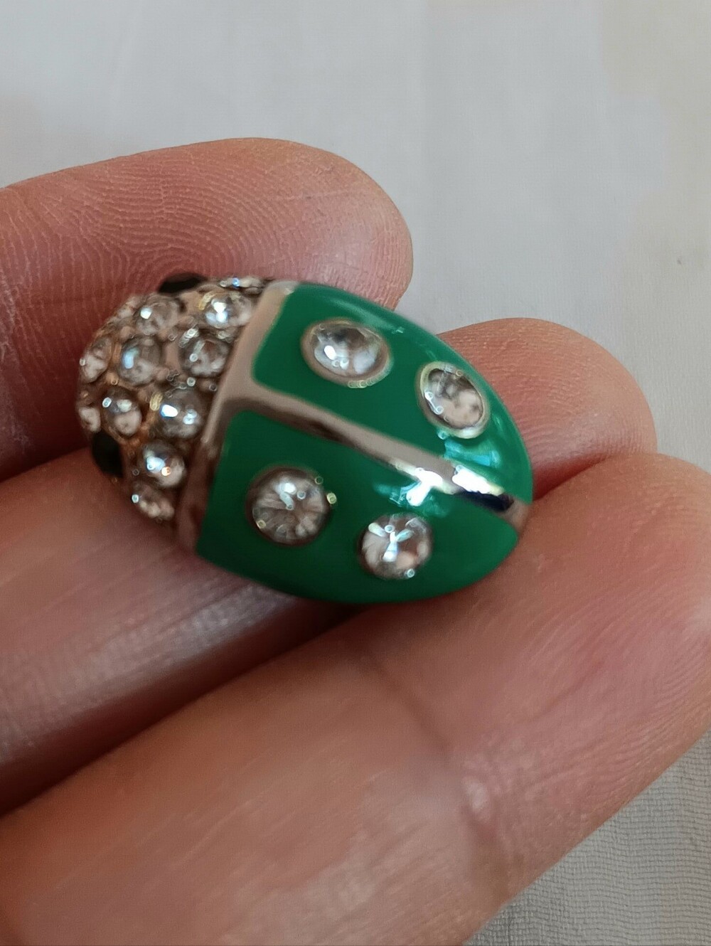 Green Crystal Ladybug Silver Brooch Pin.